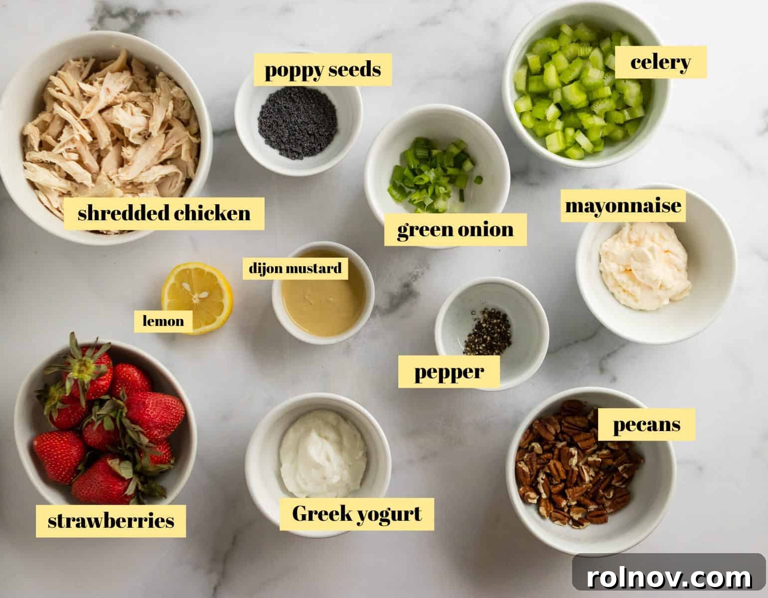 Berry Bliss Chicken Salad with Poppy Seed Pecans 4 A curated display of all the fresh, high-quality ingredients required to prepare the delicious Strawberry Pecan Poppy Seed Chicken Salad.