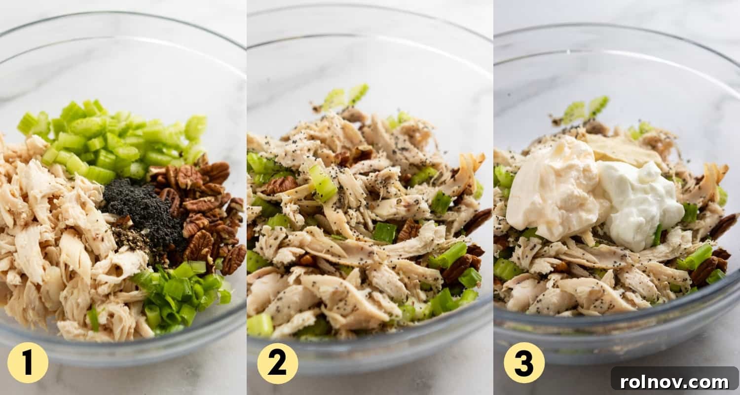 Berry Bliss Chicken Salad with Poppy Seed Pecans 5 Shredded chicken, crisp celery, and poppy seeds are mixed together in a large bowl, forming the base of the delicious salad.