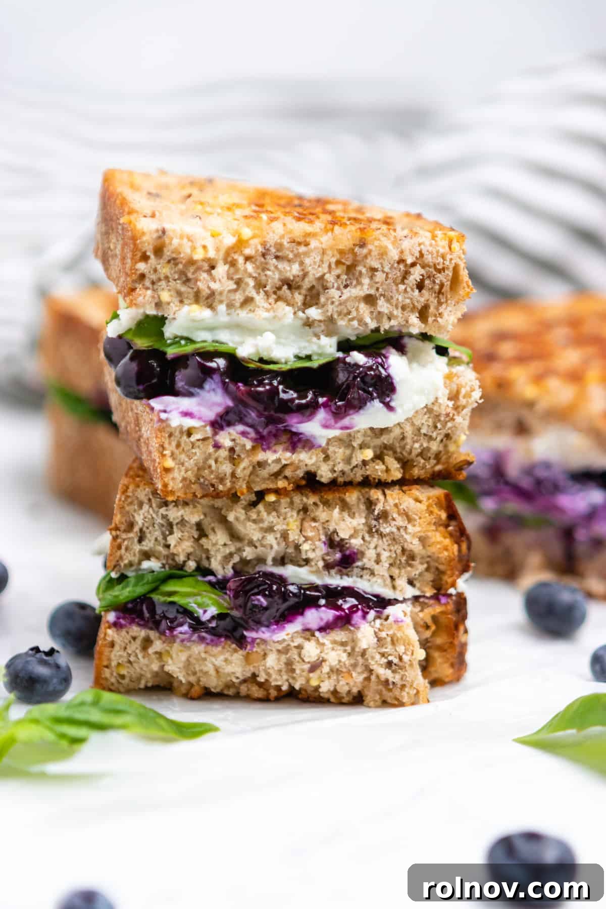 Sweet & Savory Blueberry Basil Goat Cheese Grill 2 Stacked grilled cheese sandwich with melted goat cheese, vibrant blueberry sauce, and fresh basil leaves peeking out. Blueberries and basil are scattered around the sandwich on a rustic wooden surface.