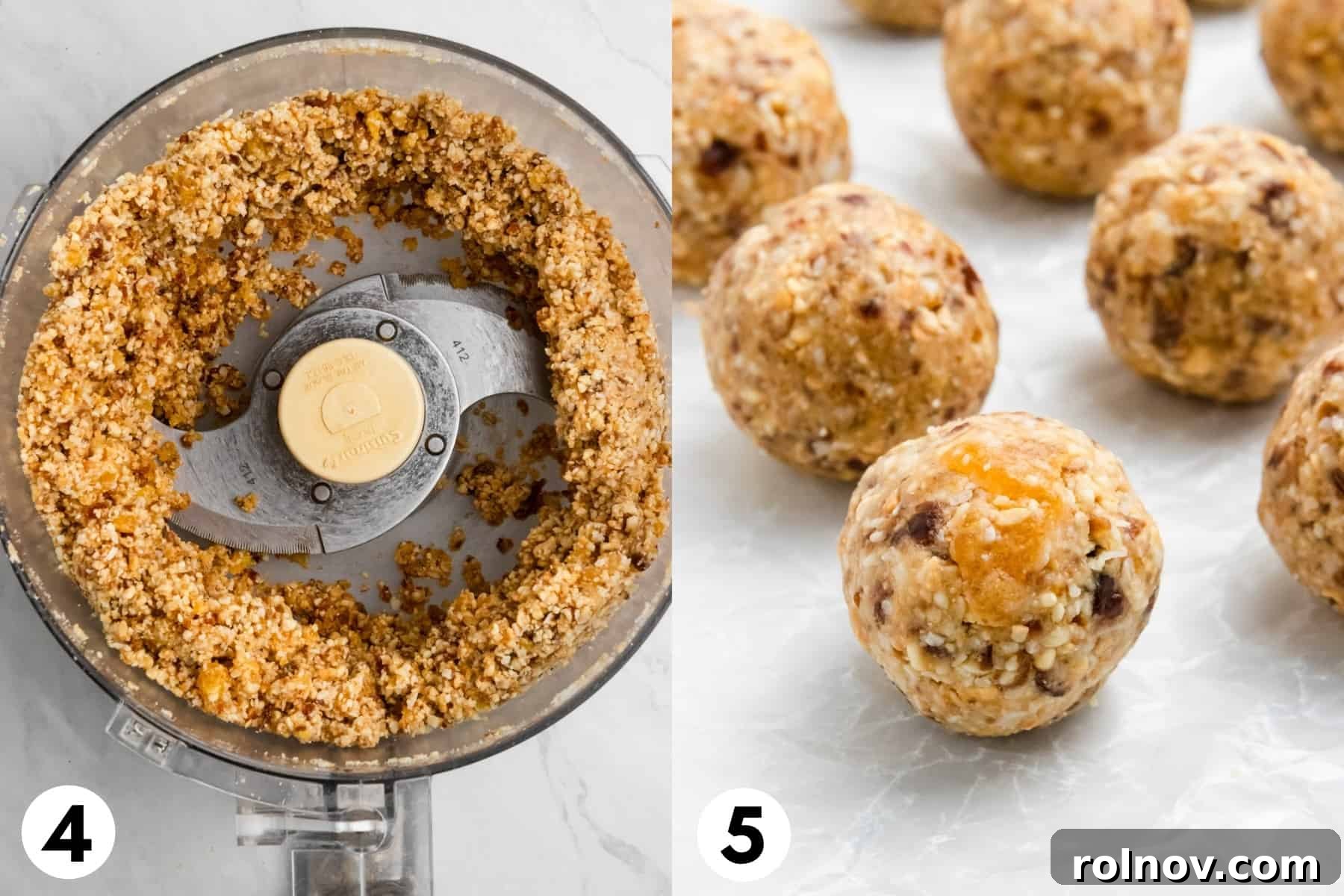 Cashews, coconut, dates, and other ingredients being processed in a food processor, followed by the mixture rolled into energy balls.