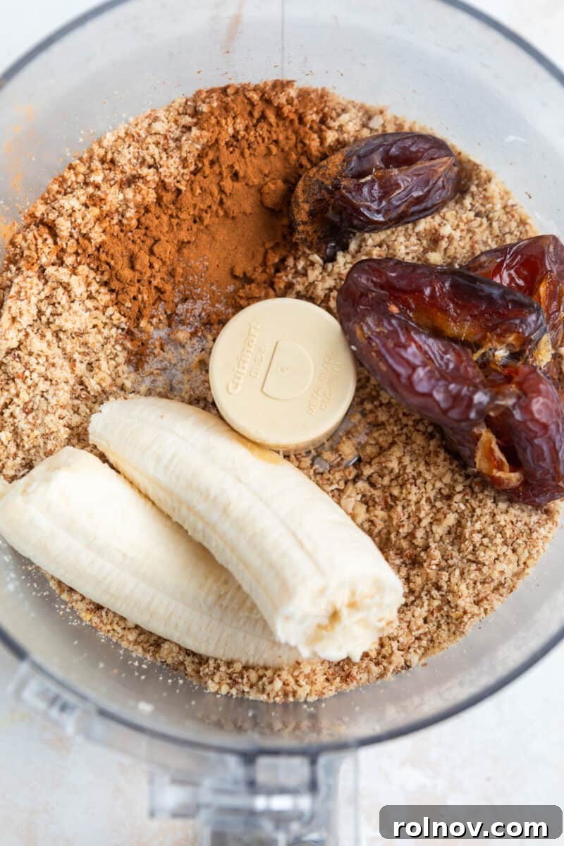 Banana, medjool dates, cinnamon, and vanilla added to mixture in food processor.