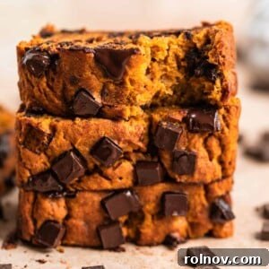 Pumpkin Speckled Banana Bread 9 Stack of pumpkin banana bread with chocolate chips slices on top of each other.