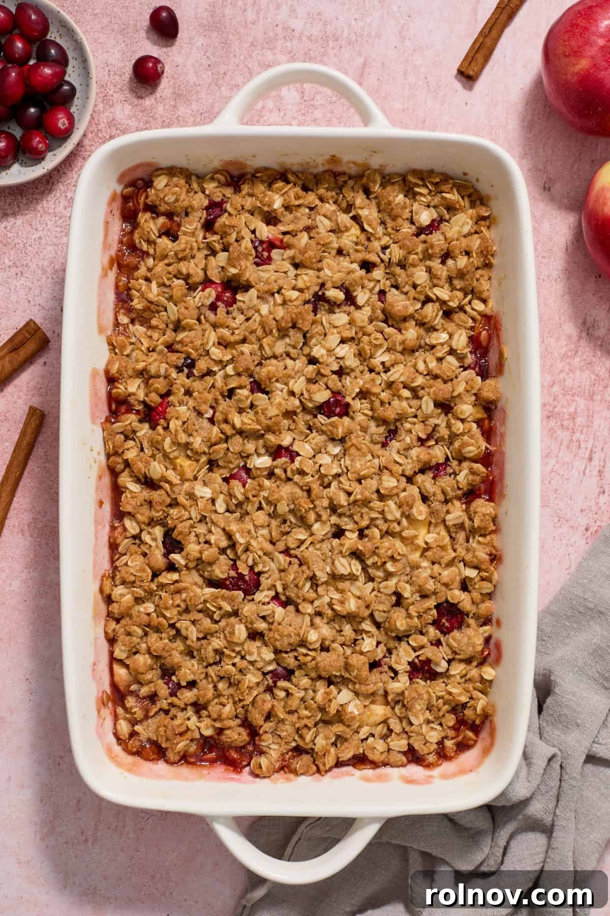 Apple cranberry crisp baked in baking pan.