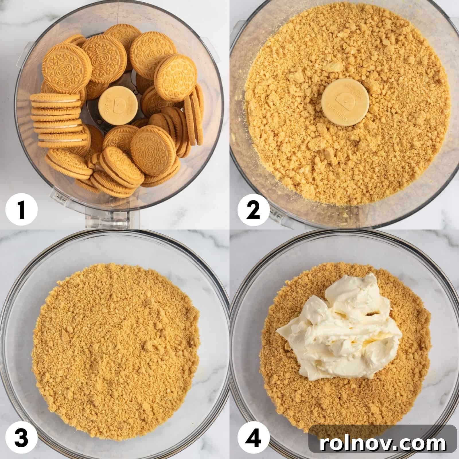 Golden oreos in food processor and then in mixing bowl with cream cheese.