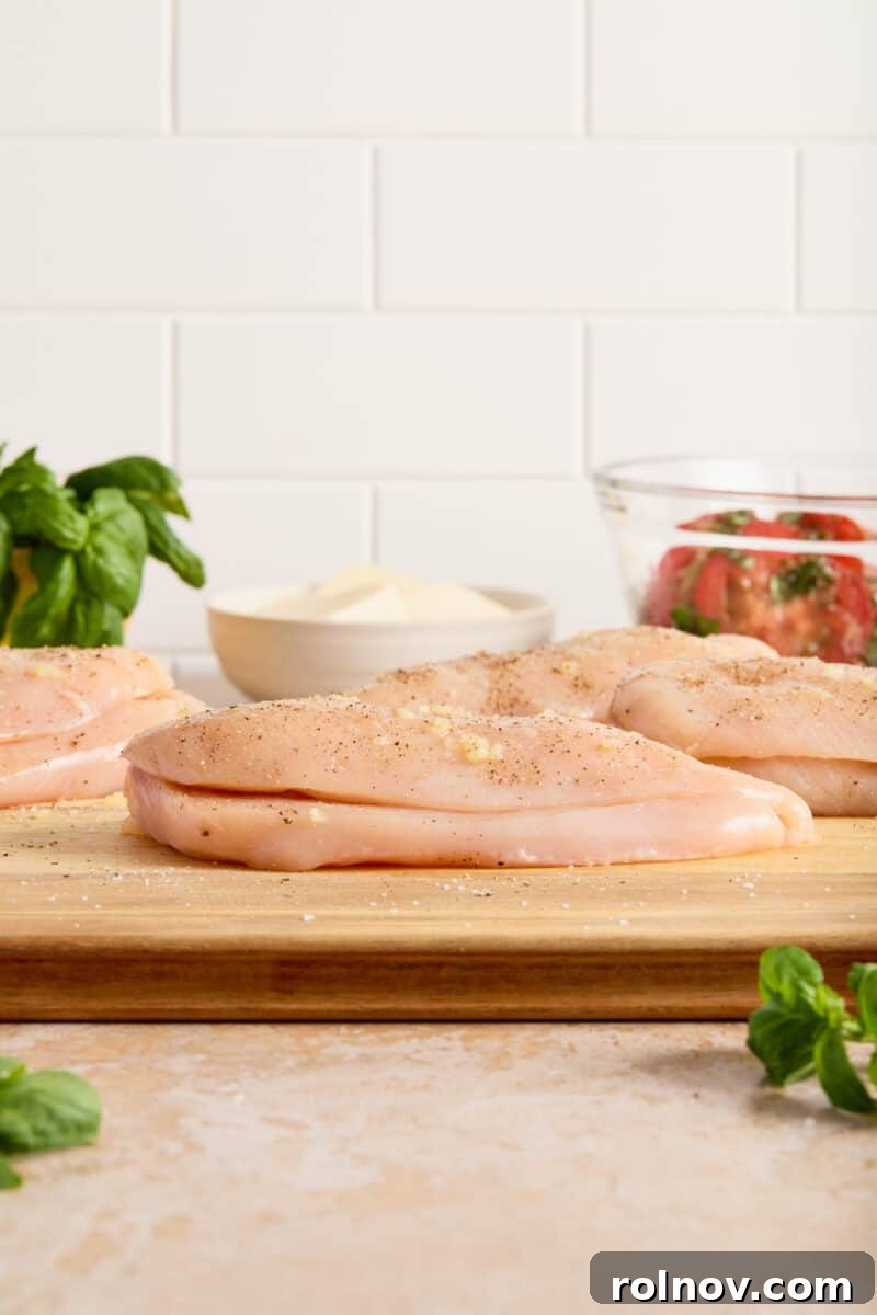 Chicken breast sliced horizontally about three-quarters of the way through, ready for stuffing.