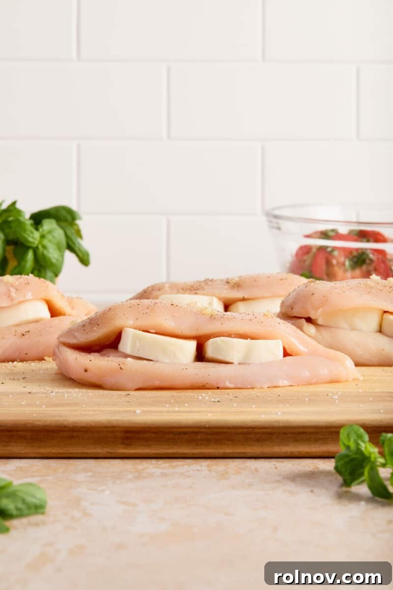 Slices of fresh mozzarella cheese stuffed inside the pocket of a cut chicken breast.