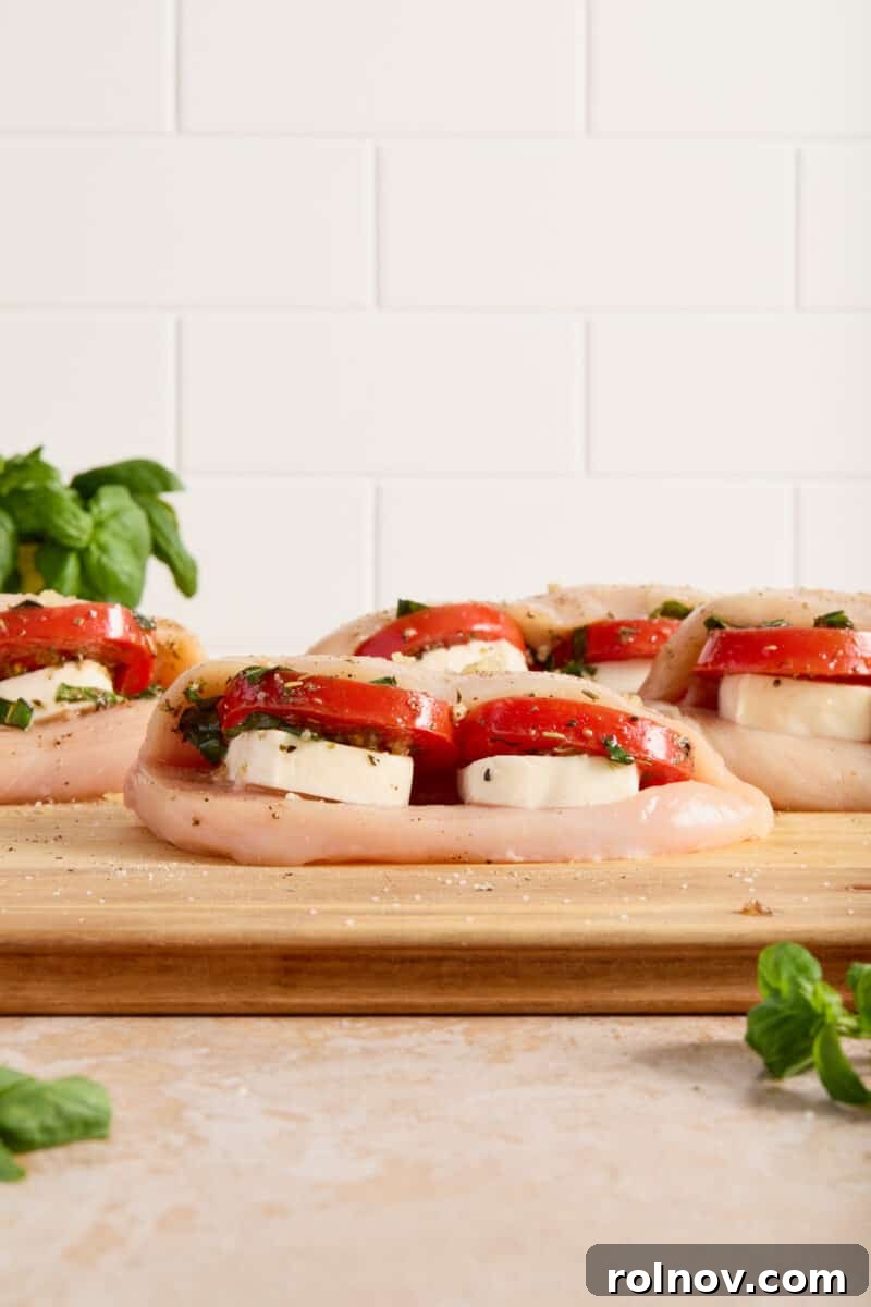 Tomato and basil mixture being added over the mozzarella inside the chicken breast.