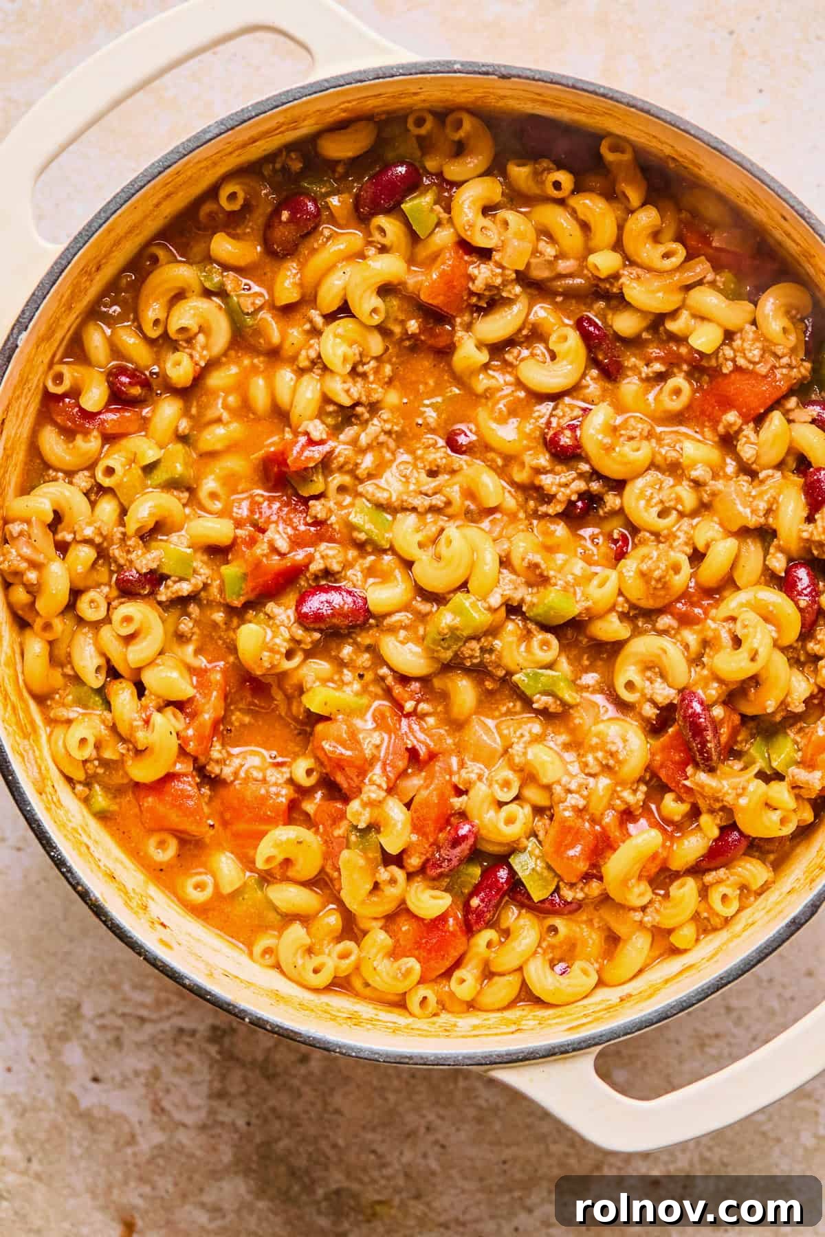 Hearty Skillet Chili Mac 12 The finished One Pot Chili Mac and Cheese, thick and creamy, served directly from the pot, ready for enjoyment.