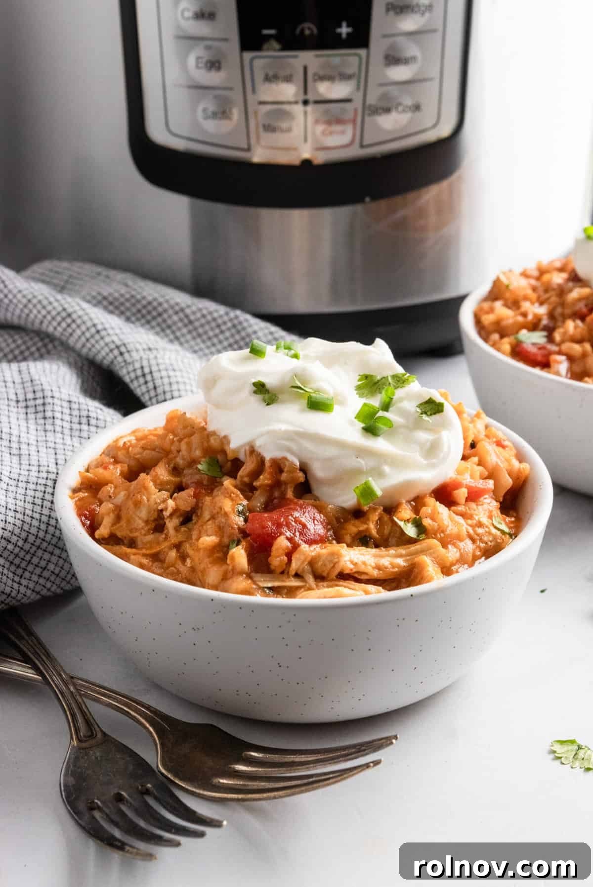 One-Pot Wonder Cheesy Chicken and Rice 2 Cheesy Instant Pot chicken and rice with sour cream in front of instant pot.