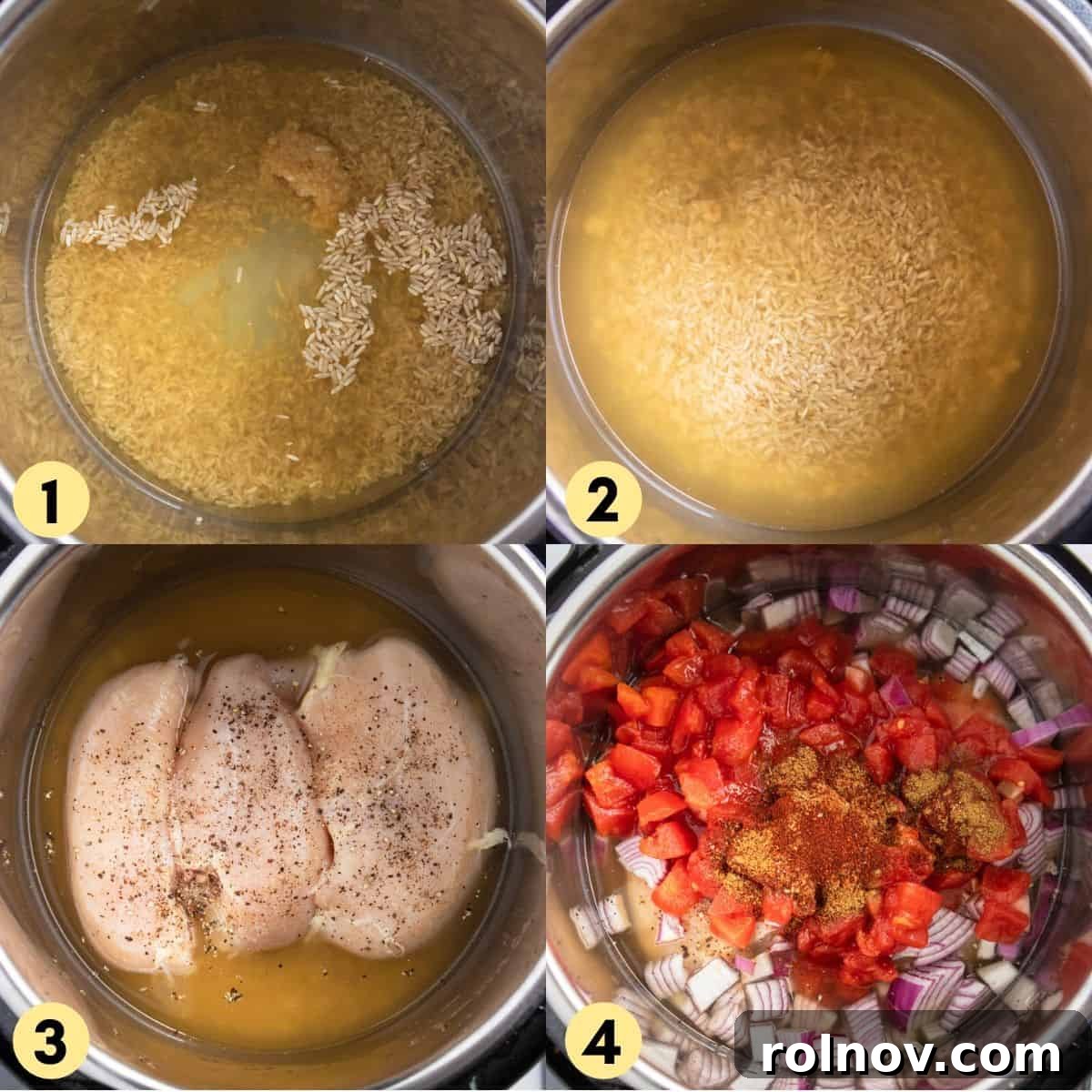 One-Pot Wonder Cheesy Chicken and Rice 4 Process photos with chicken, rice and broth in instant pot.