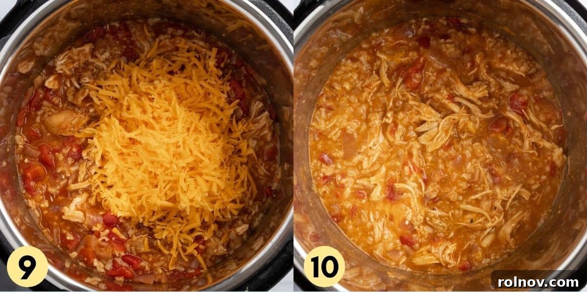 One-Pot Wonder Cheesy Chicken and Rice 6 Cooked shredded chicken with cheese added in.