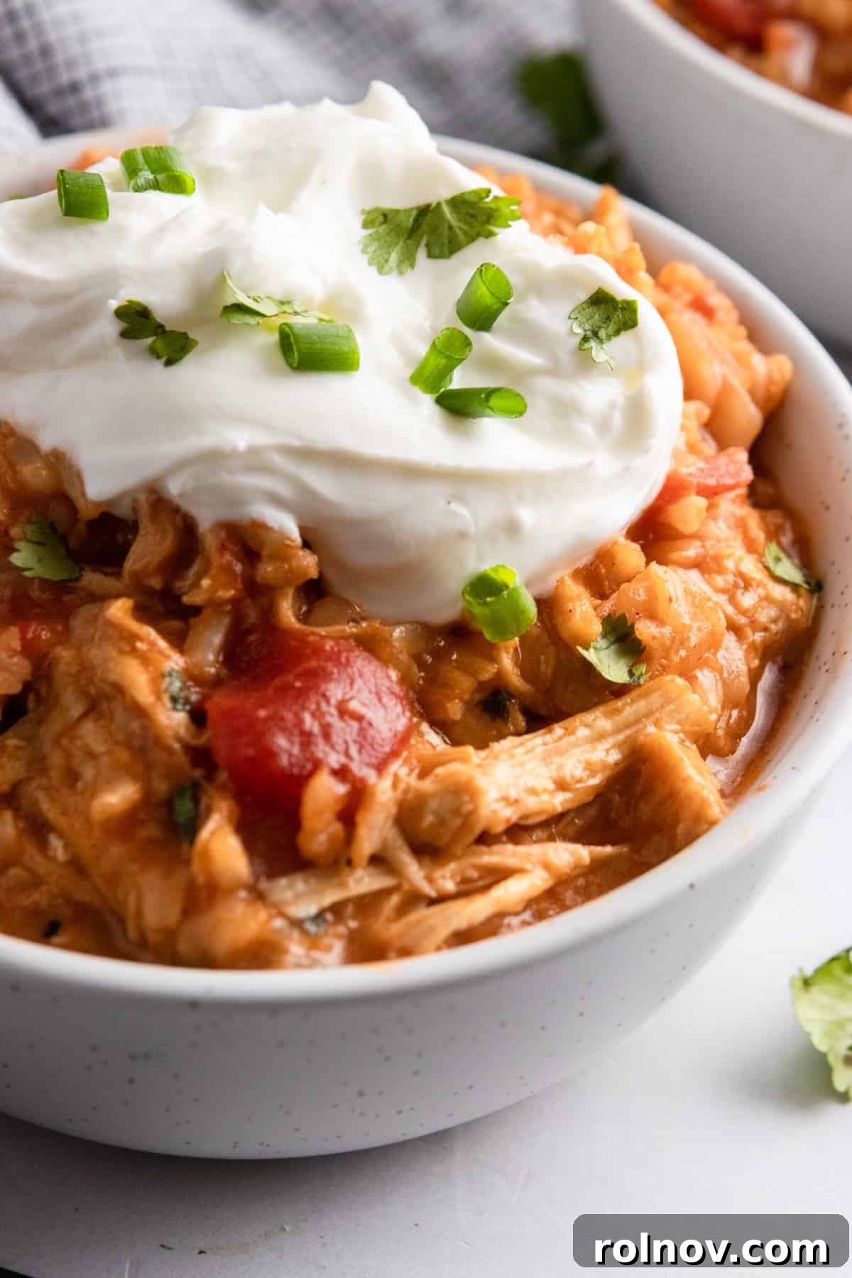 One-Pot Wonder Cheesy Chicken and Rice 7 Instant Pot Chicken and rice in bowl topped with sour cream and green onion.
