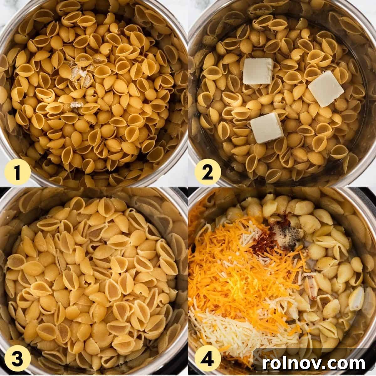 Foolproof Instant Pot Mac and Cheese 4 Two sequential images: one showing shell pasta, broth, and butter layered in an Instant Pot before cooking, and the other showing the perfectly cooked pasta after pressure release.