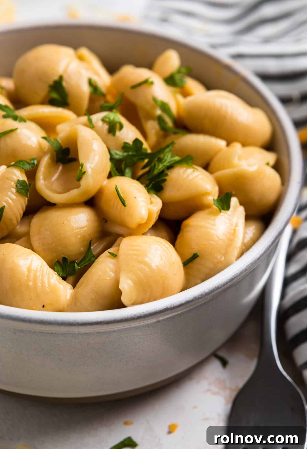 Foolproof Instant Pot Mac and Cheese 6 A rustic clay bowl filled with creamy Instant Pot Mac and Cheese, topped with fresh parsley, with a fork resting beside it.