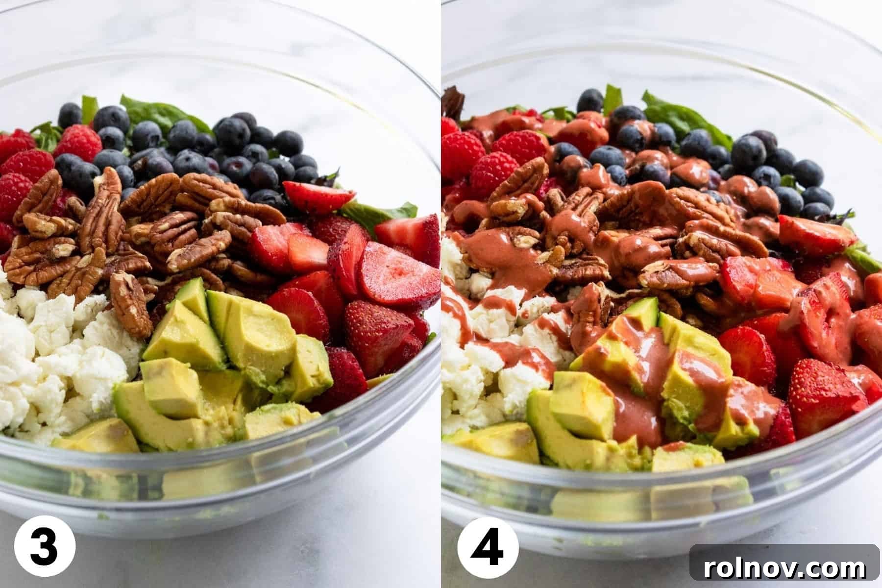 Strawberry Balsamic Berry Salad 6 Various salad ingredients including mixed greens, berries, and nuts, nestled together in a large mixing bowl, ready for dressing.
