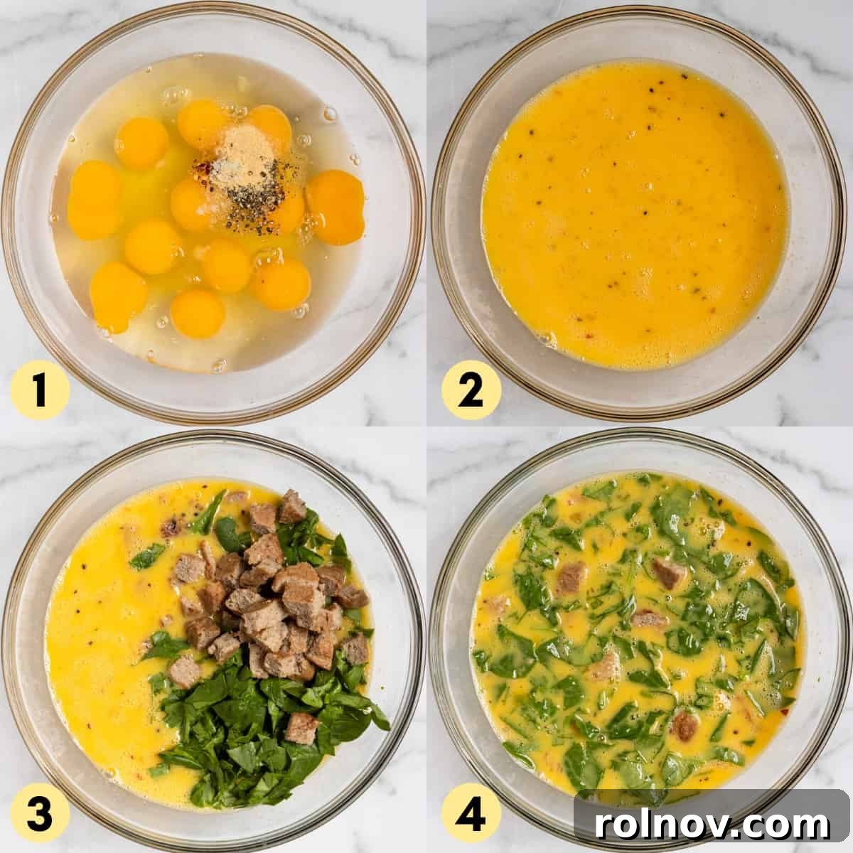 Egg mixture in a bowl with chopped sausage and fresh spinach, ready for baking.