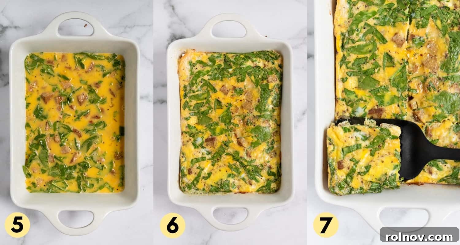 Two images side by side: one showing the egg mixture in a pan before baking, and the other showing the golden-brown egg bake after baking.