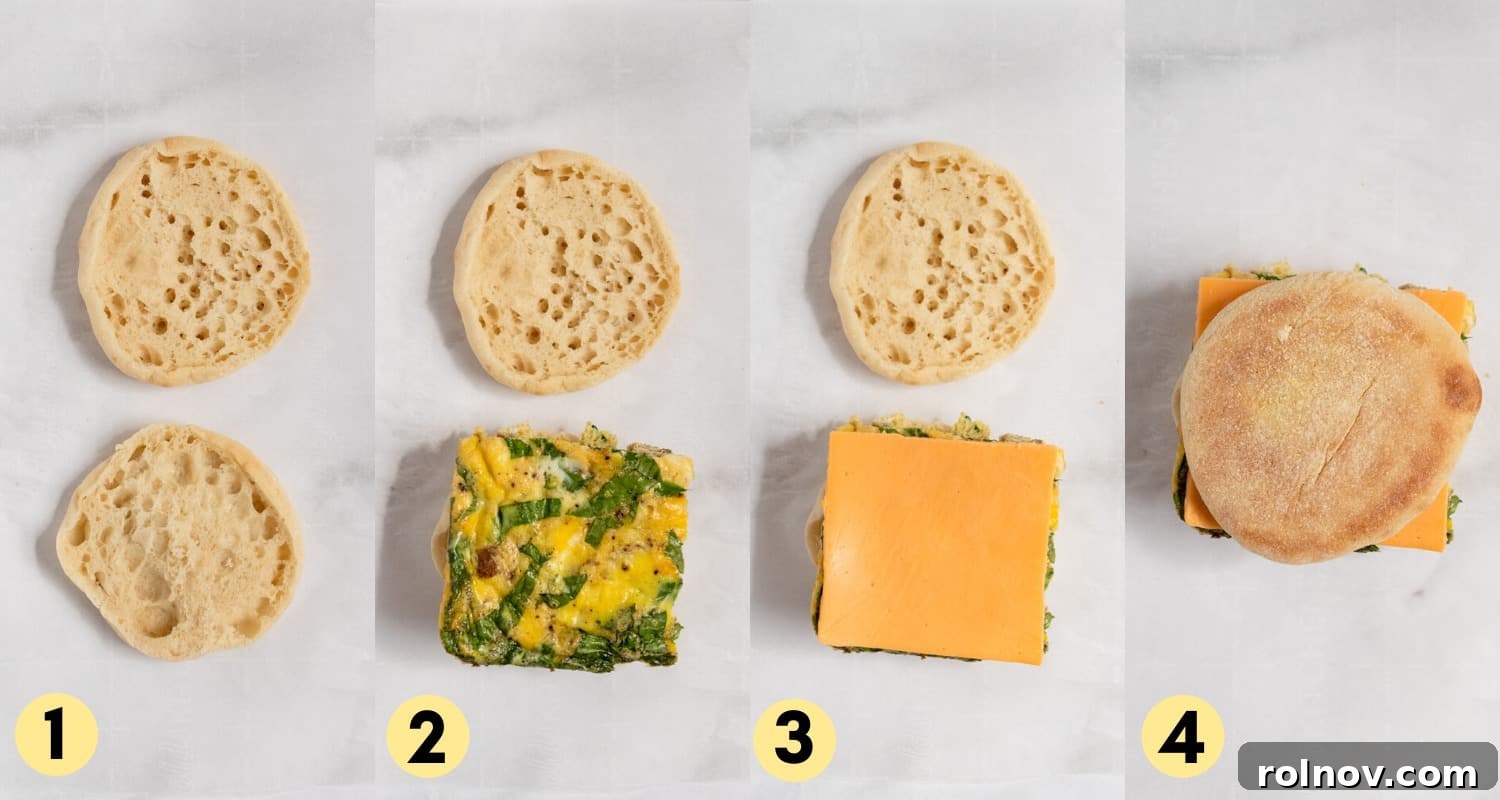 A visual step-by-step guide showing the assembly of sausage breakfast sandwiches on English muffins.