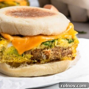 Sausage spinach egg mcmuffin sandwich.