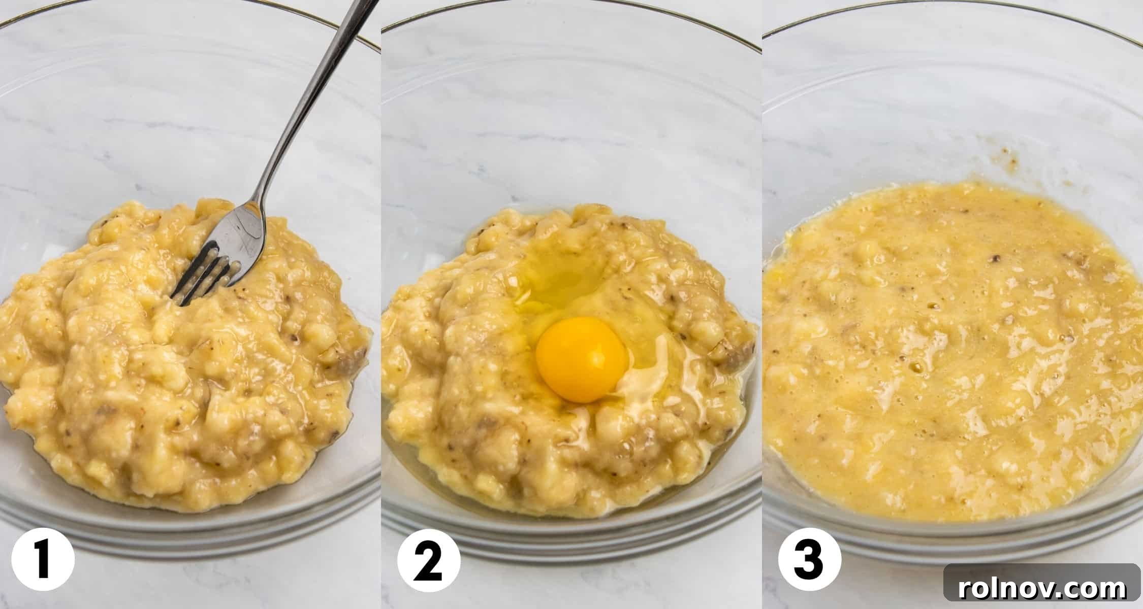 Close-up of mashed bananas and an egg being whisked together in a clear glass mixing bowl.
