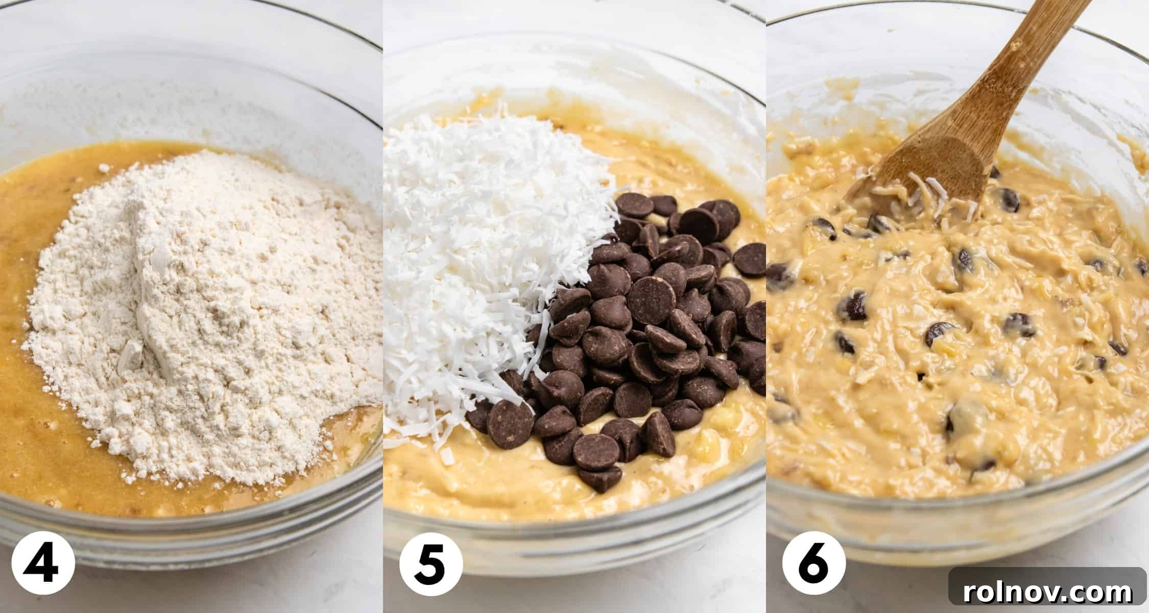 A bowl of banana bread batter with flour, shredded coconut, and chocolate chips visible, ready for final mixing.