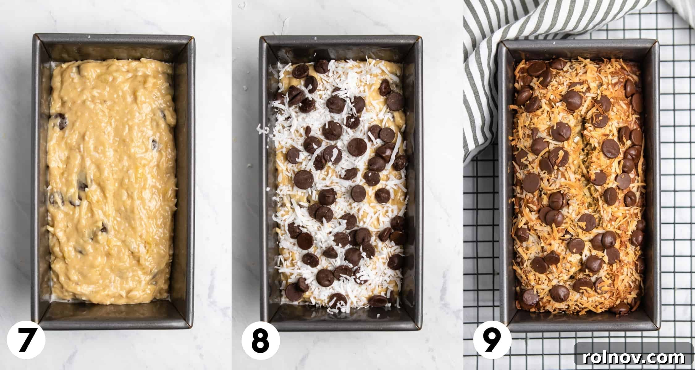 Before and after shots of coconut banana bread batter in a loaf pan, showing it unbaked and then golden brown after baking.