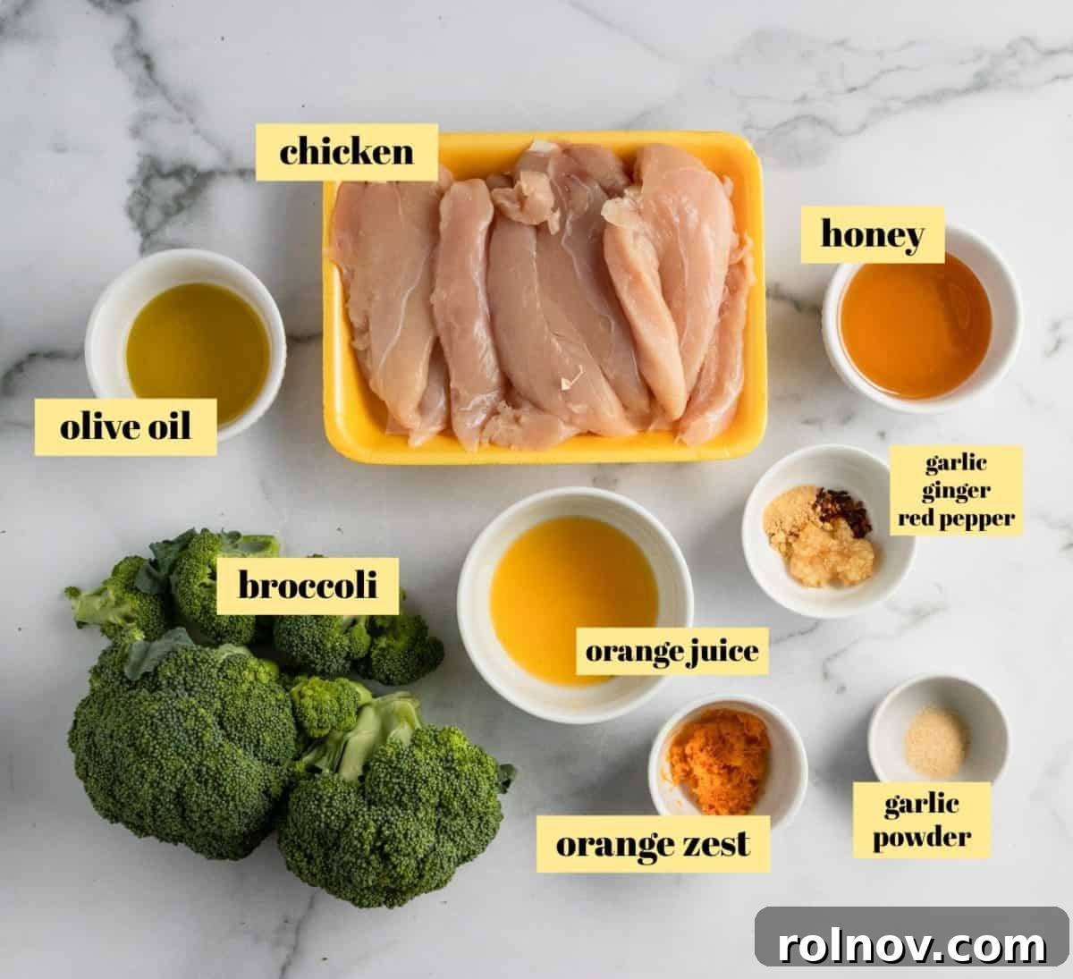 Sticky Orange Chicken One-Pan Dinner 4 Ingredients used to make chicken and broccoli recipe.