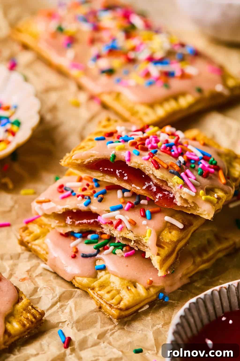Freshly baked homemade pop tarts cooling on parchment paper, sprinkled with colorful sprinkles.