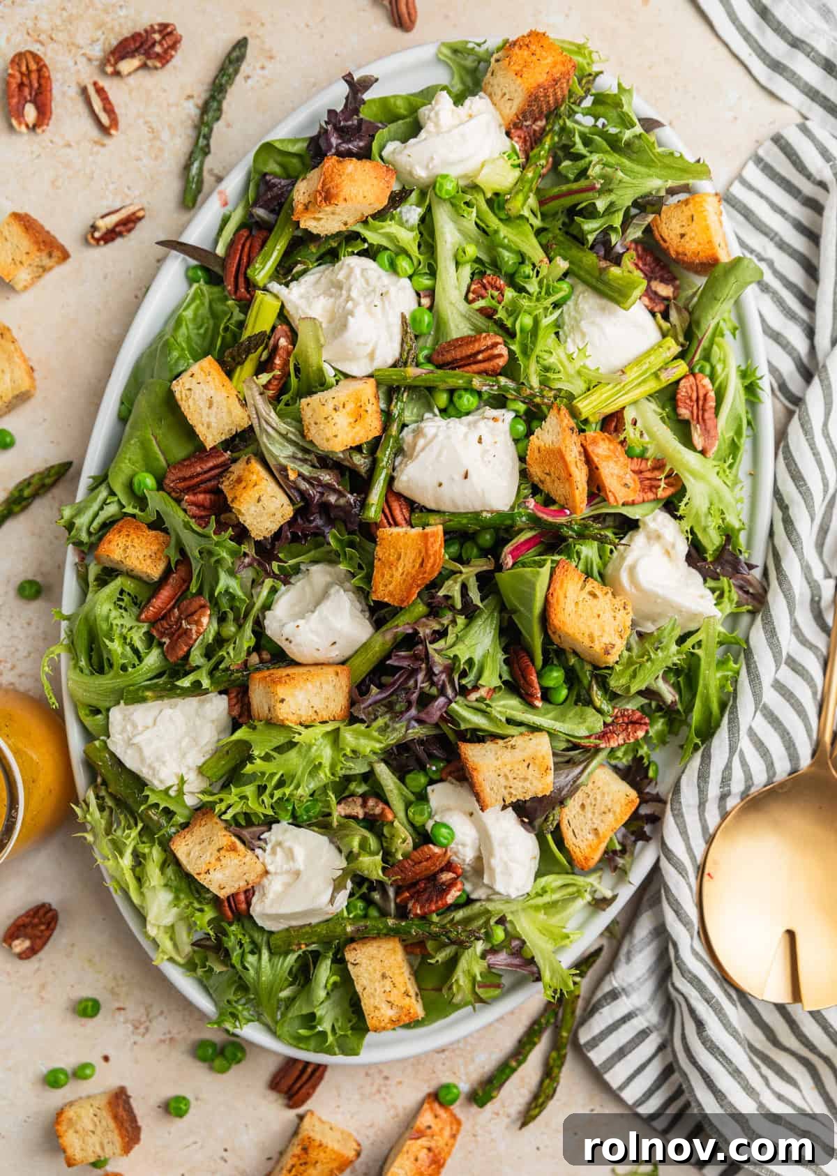 Verdant Burrata Delight 8 A beautifully assembled burrata salad on a plate, featuring crisp greens, golden croutons, crunchy pecans, and perfectly cooked asparagus pieces.