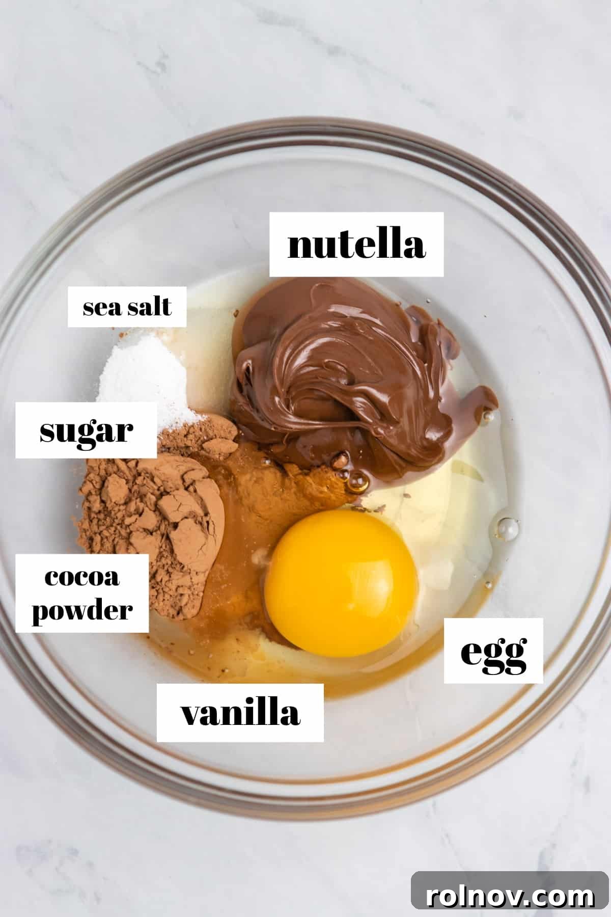 5-Minute Nutella Mug Cake 3 Labeled ingredients including egg, cocoa powder, vanilla, and Nutella in a mixing bowl.