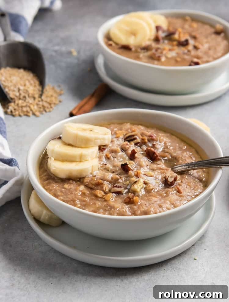 Close-up of creamy Banana Bread Instant Pot Steel Cut Oatmeal