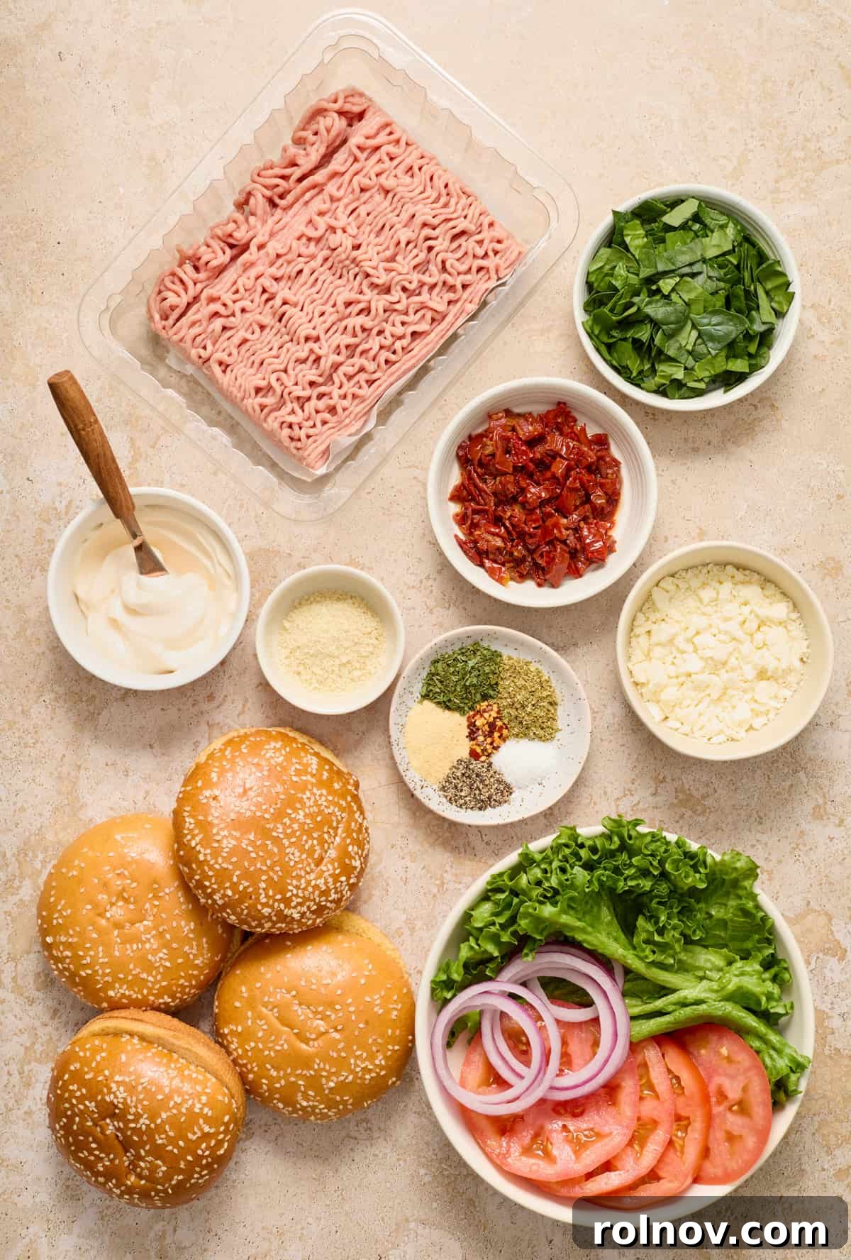 Ground turkey, spinach, seasoning, feta, and other ingredients.