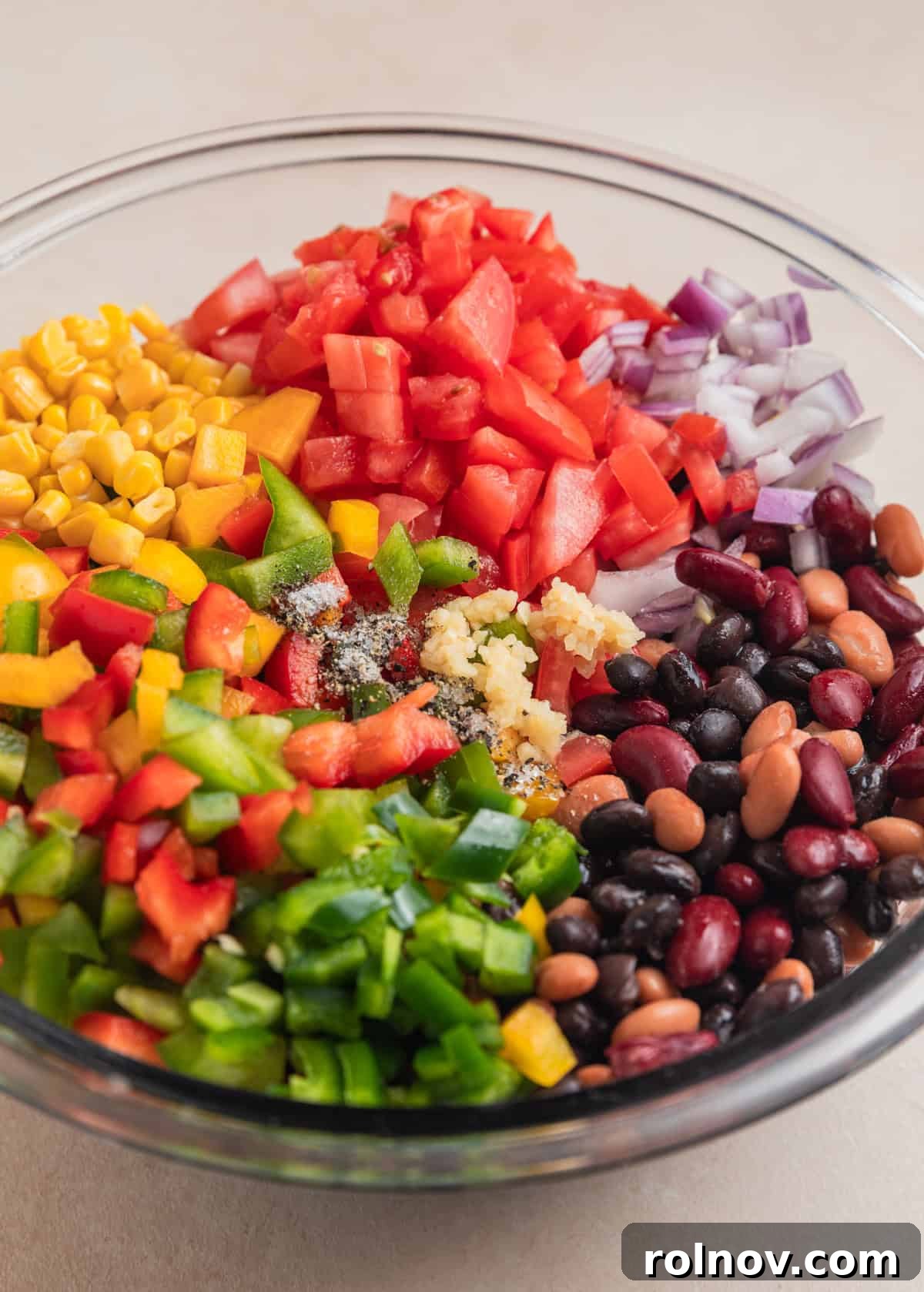 A large mixing bowl containing a colorful blend of diced tomatoes, rinsed pinto, black, and kidney beans, and chopped bell peppers, ready to be combined.