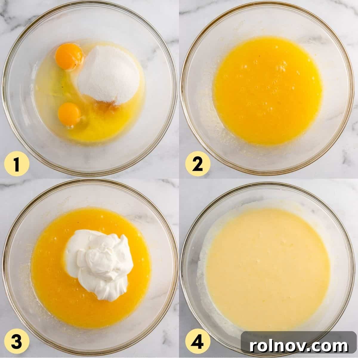 Sweet Strawberry Crumble Muffins 5 Process photo showing wet ingredients being whisked in a bowl: eggs, melted butter, sugar, and vanilla.