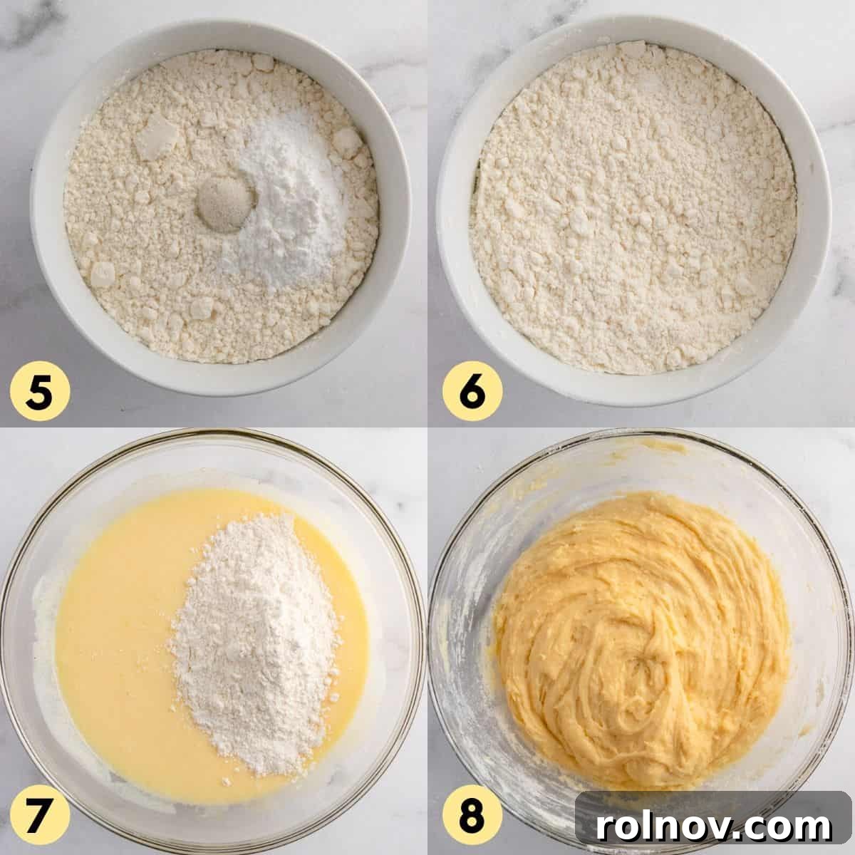 Sweet Strawberry Crumble Muffins 6 Process photo showing dry ingredients being mixed into wet ingredients in a bowl.