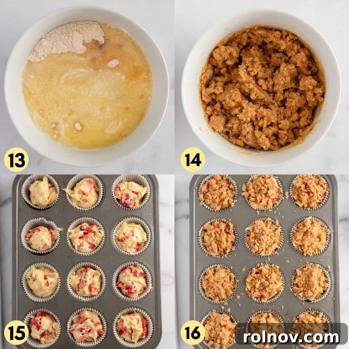 Sweet Strawberry Crumble Muffins 8 Process photo showing muffin batter spooned into muffin tins, ready for topping.