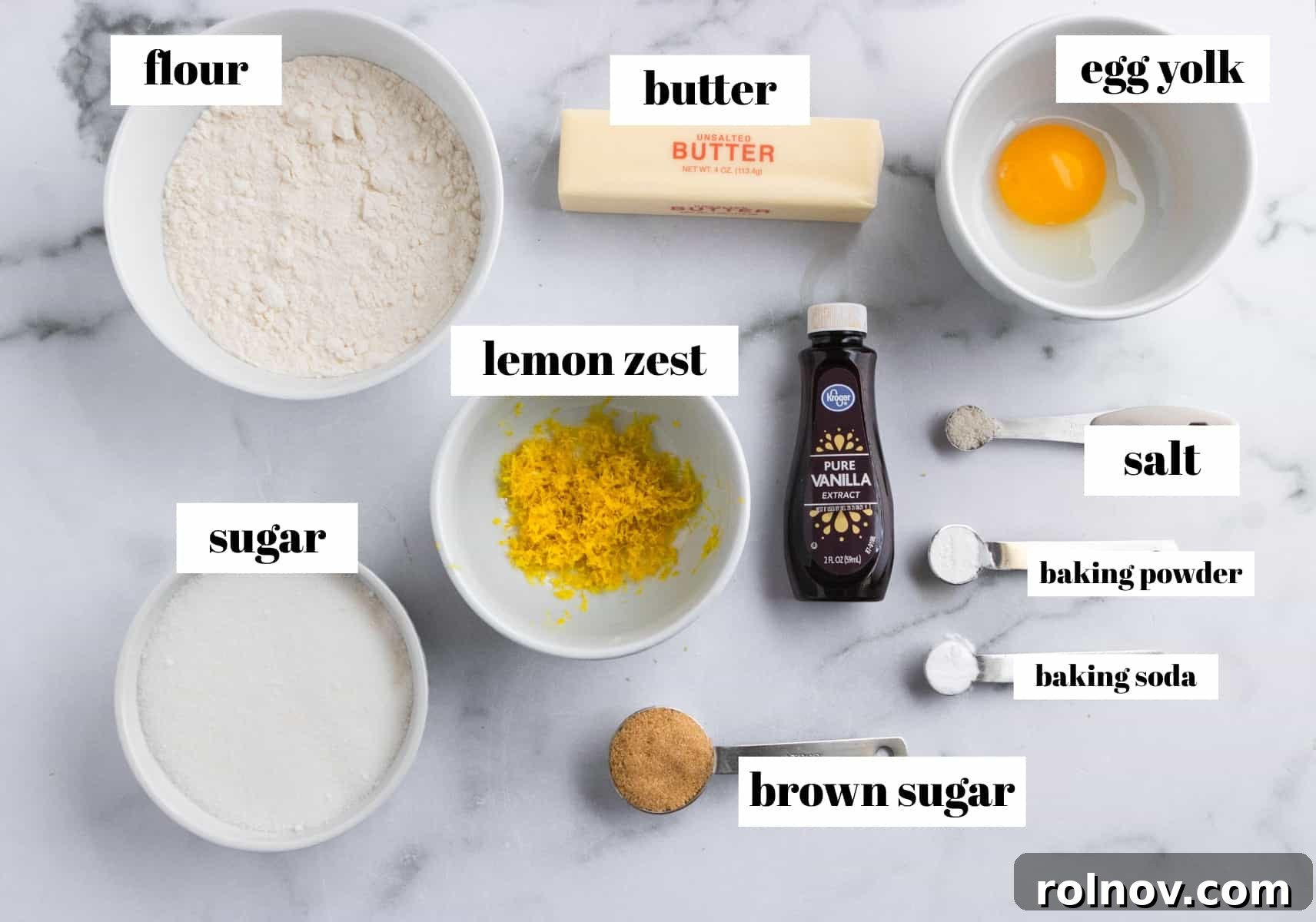 Bright Lemon Sugar Cookies 3 Lemon sugar cookie ingredients labeled on counter.