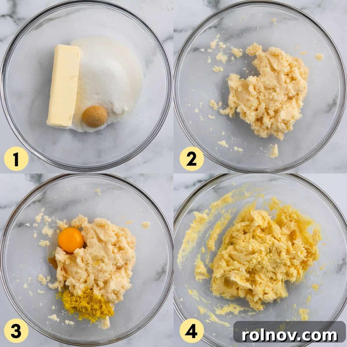 Bright Lemon Sugar Cookies 4 Creamed butter and sugar in bowl with lemon. zest and egg.