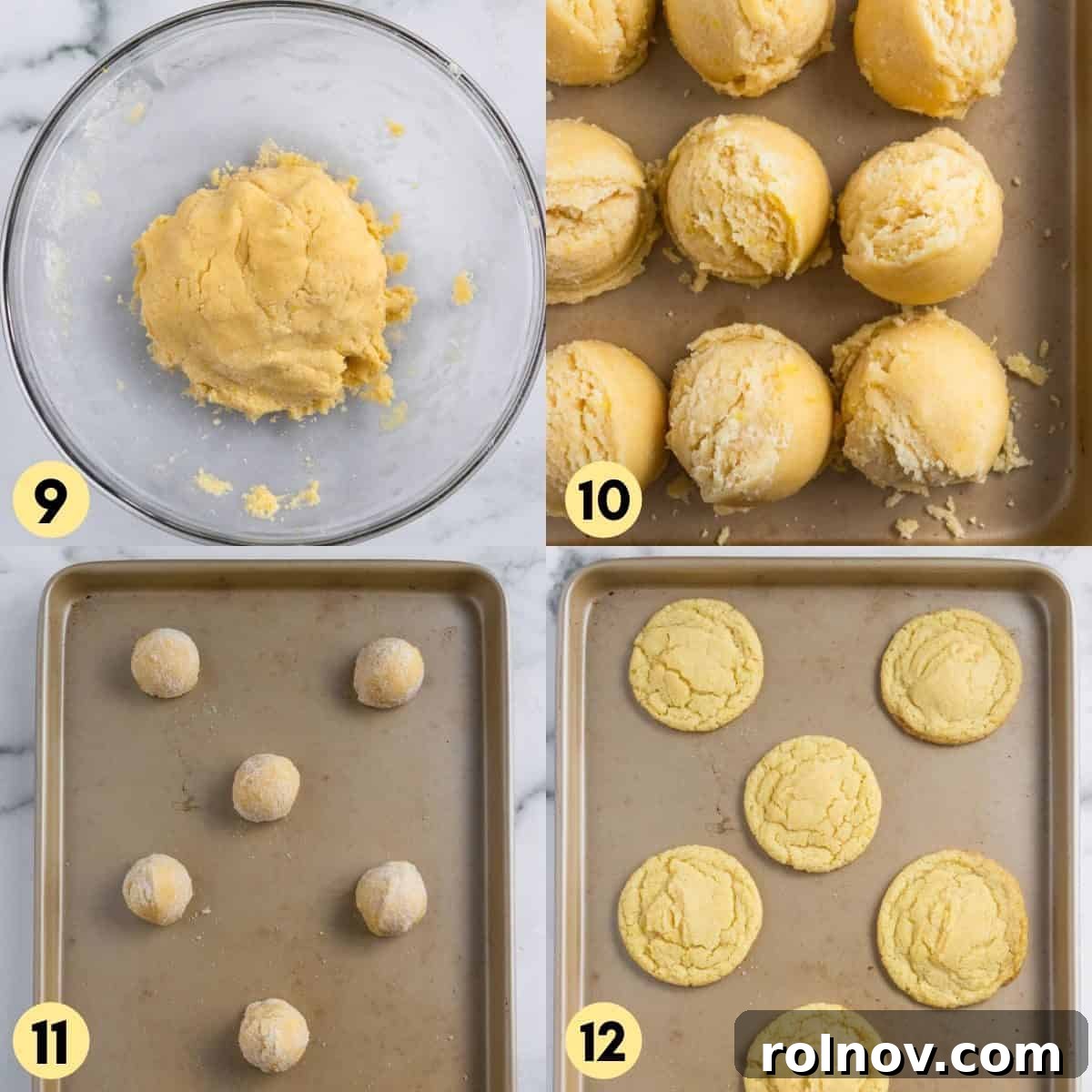 Bright Lemon Sugar Cookies 6 Sugar cookie dough in bowl, scooped on baking sheet and cooked.