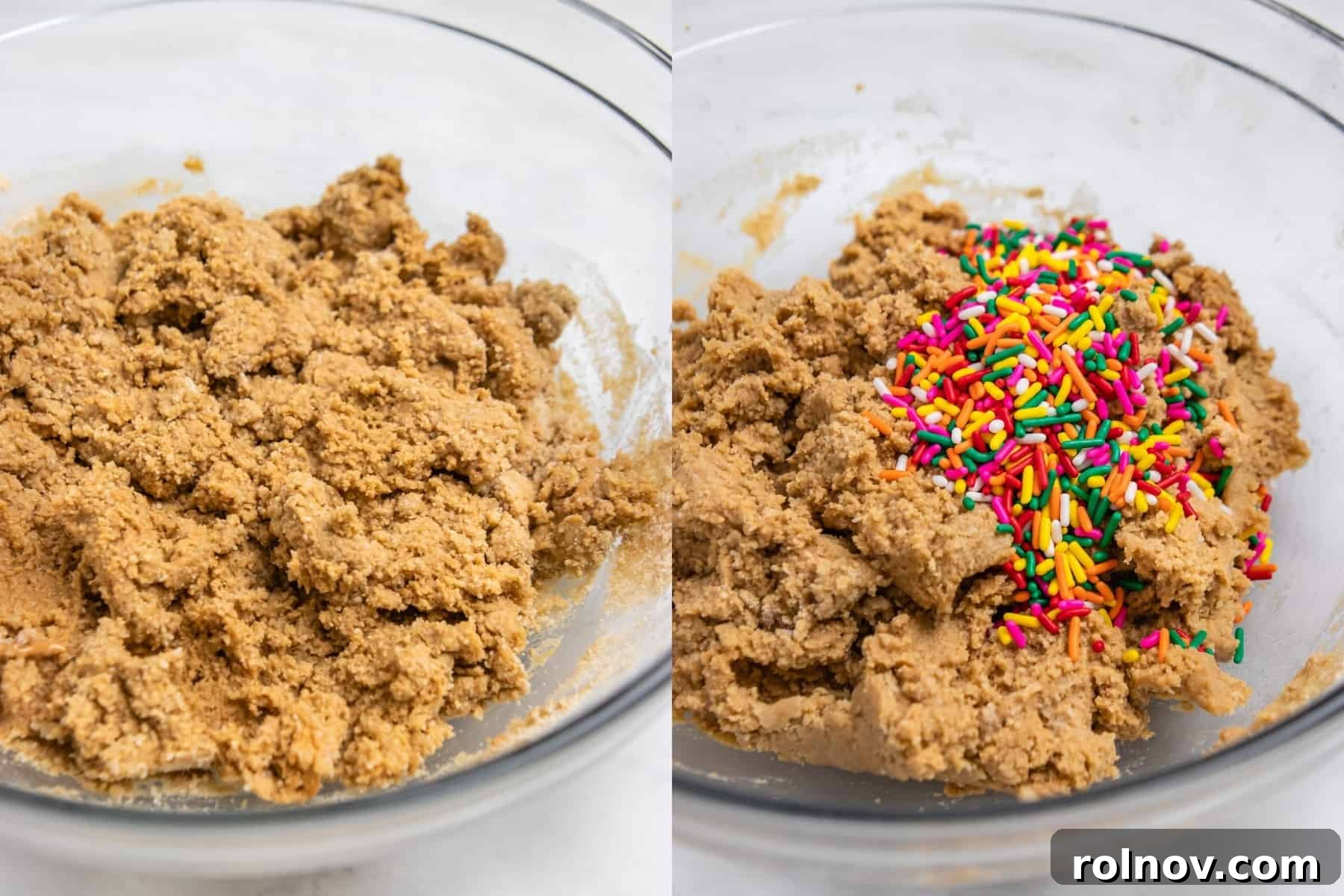 Birthday Cake Protein Bliss 5 Bowl with protein bar batter and then another bowl with batter and sprinkles added.