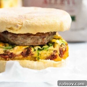 A top-down view of the freshly prepared Spinach, Feta, and Sun-Dried Tomato Breakfast Sandwiches.