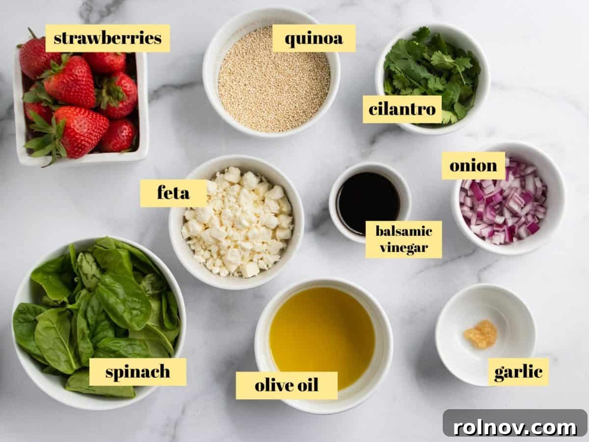 Refreshing Summer Strawberry Quinoa 3 Ingredients to make quinoa salad including uncooked quinoa, spinach, strawberries, feta, red onion, and balsamic dressing components.