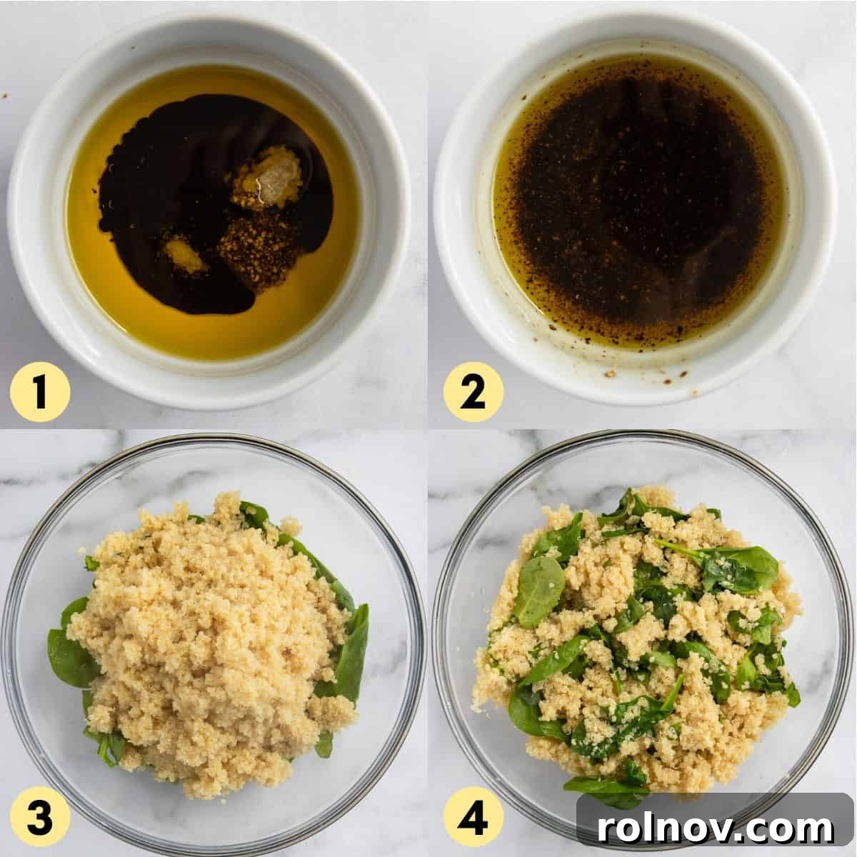 Refreshing Summer Strawberry Quinoa 4 Balsamic dressing ingredients in small bowl, and warm quinoa with spinach wilting in a large mixing bowl.