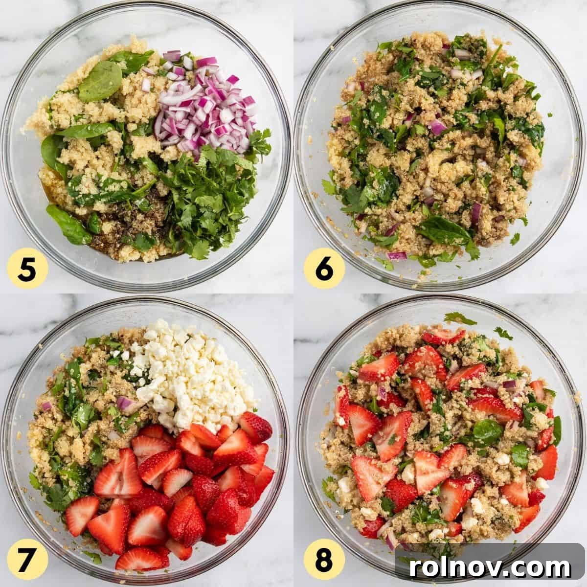 Refreshing Summer Strawberry Quinoa 5 Process photos showing adding red onion, cilantro, dressing, strawberries, and feta to the quinoa salad, and the finished dish.