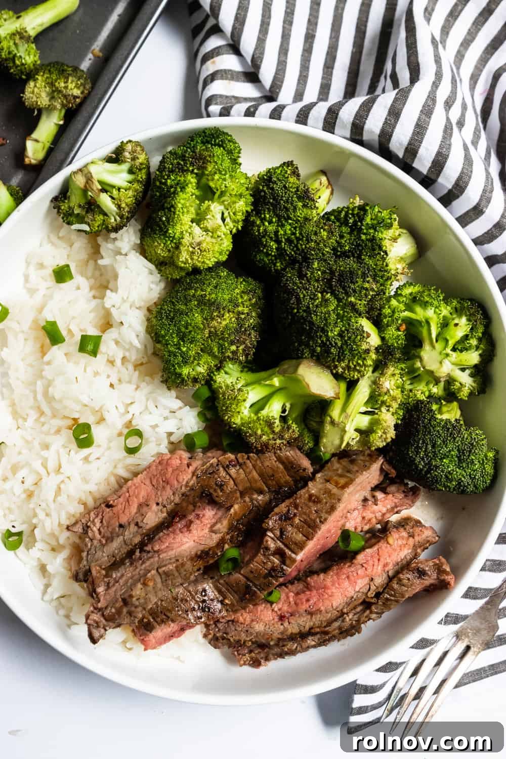 Speedy One-Pan Steak and Broccoli 5 Sheet Pan Steak and Broccoli Served with Rice