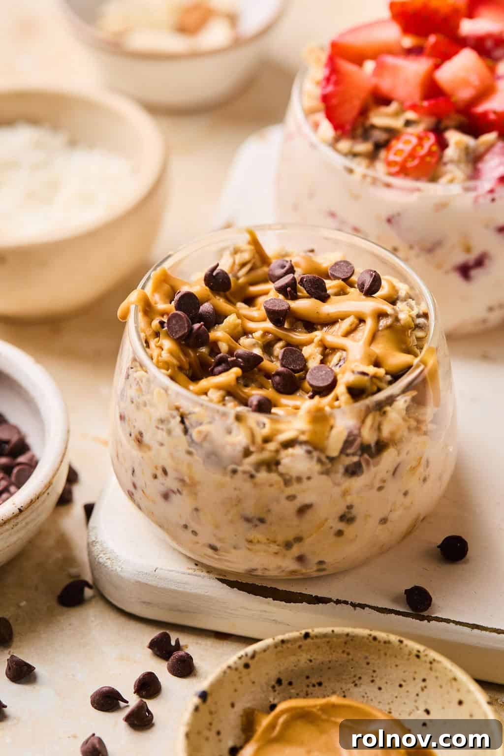 6 Simple Overnight Oats to Master Your Mornings 10 Peanut butter chocolate overnight oats topped with chocolate chips.