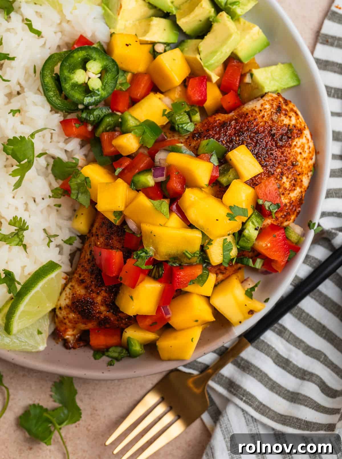 Tropical Mango Chicken 3 A beautifully plated serving of white rice, topped with a seasoned baked chicken breast and a generous spoonful of colorful mango salsa, ready to be enjoyed.