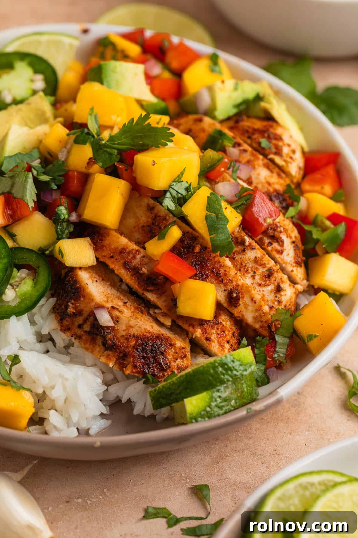 Tropical Mango Chicken 9 Slices of juicy chicken breast served on a bed of white rice, generously topped with fresh mango salsa, creating a vibrant and appealing meal.
