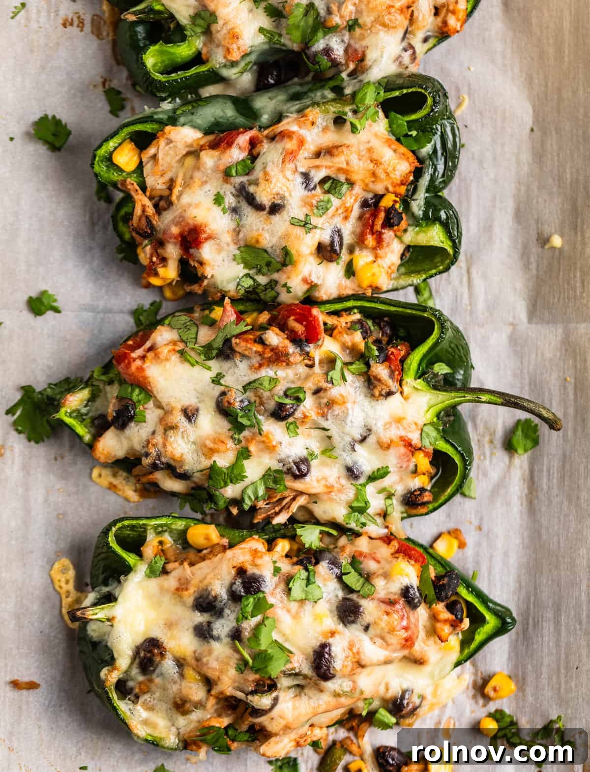 Savory Chicken Poblano Boats 2 Baked chicken stuffed poblano peppers on a parchment-lined baking sheet, garnished with fresh cilantro and melted cheese.