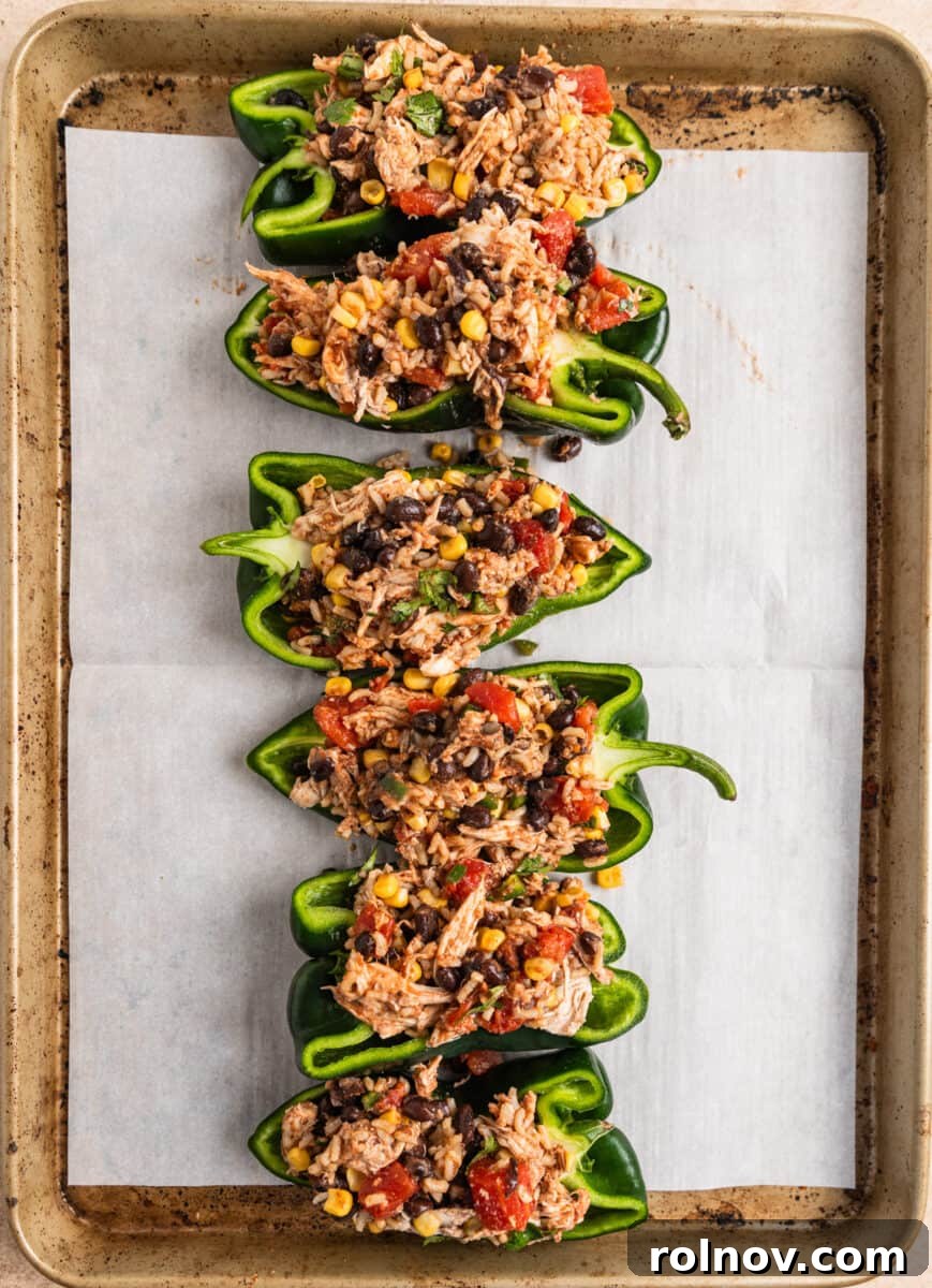 Savory Chicken Poblano Boats 6 Halved poblano peppers filled with chicken, rice, and bean mixture, ready for baking on a sheet pan.